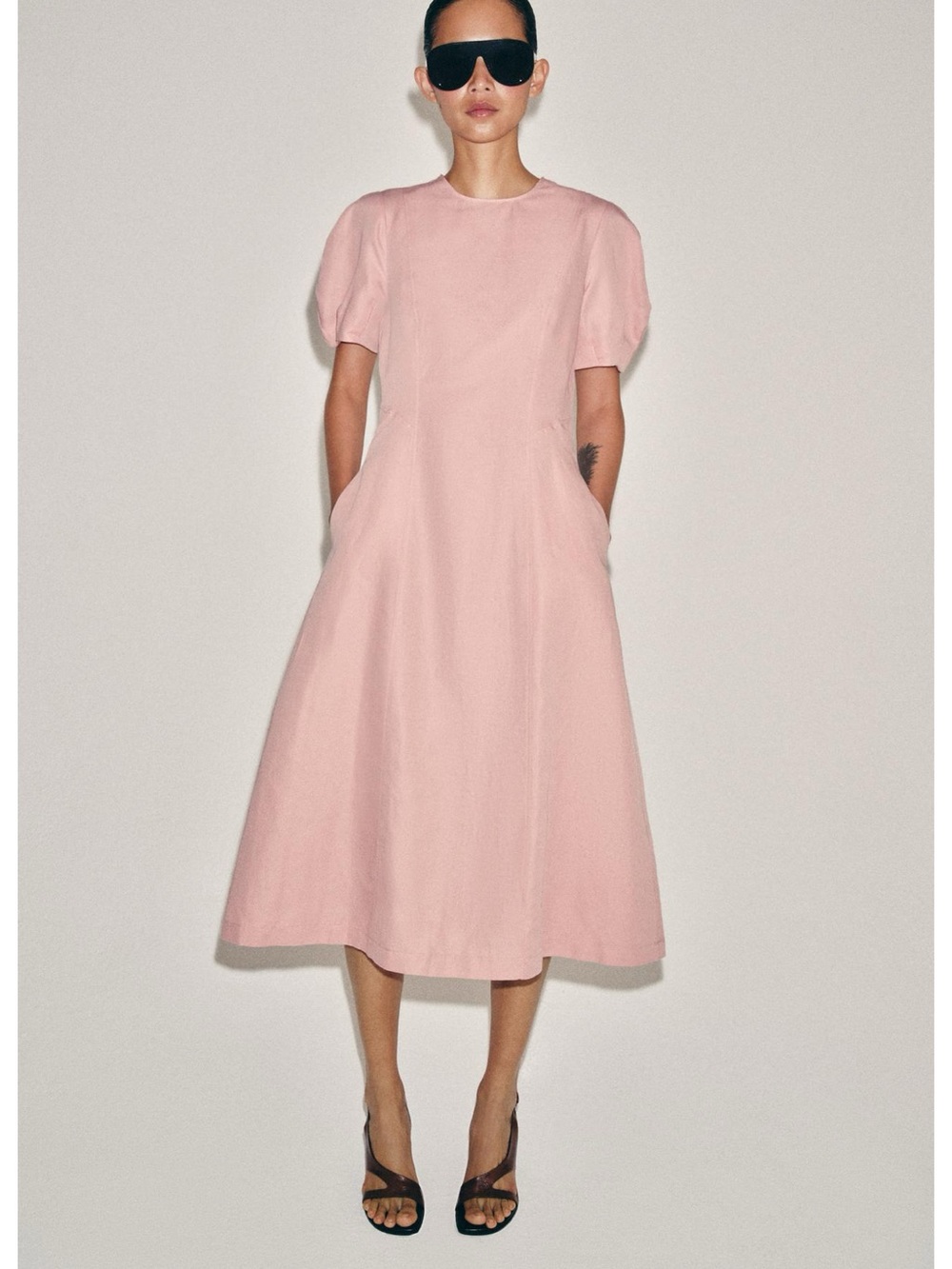 Zara Light Pink Puff Sleeve A-Line Linen blend midi Dress#22929 - Picture 6 of 9